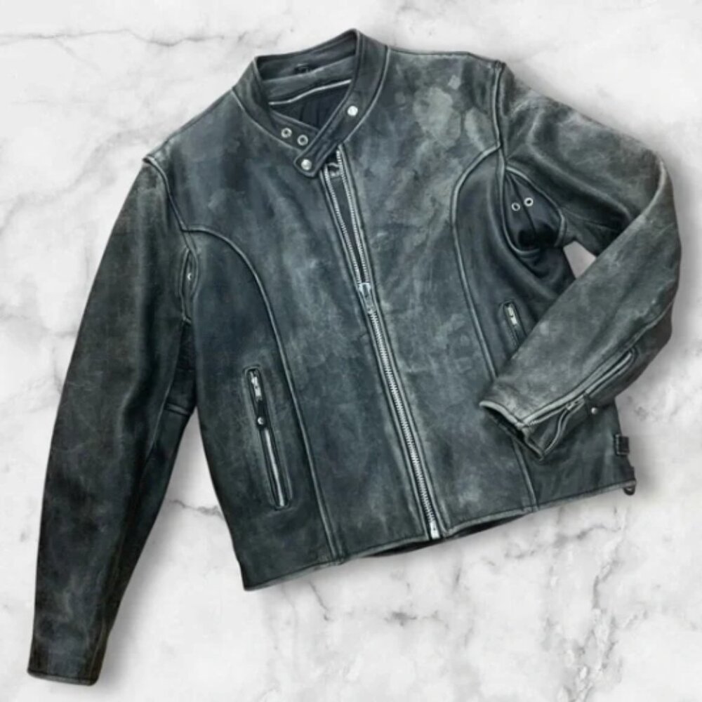 Men's First Black Vintage Motorcycle Genuine Leather Jacket with Detachable  NWT